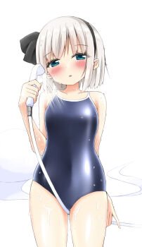 Rule 34 | 1girl, alternate costume, black hairband, blue one-piece swimsuit, blush, commentary request, green eyes, grey hair, hairband, highres, hitodama, holding, holding shower head, konpaku youmu, konpaku youmu (ghost), looking at viewer, one-piece swimsuit, open mouth, school swimsuit, shishiky, shower head, showering, simple background, solo, swimsuit, touhou, wet, white background