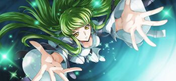 1girl arms_up artist_request blue_background blurry breasts c.c. code_geass code_geass:_lost_stories collarbone depth_of_field female_focus foreshortening from_above full_body game_cg green_hair highres long_hair long_sleeves looking_at_viewer looking_up medium_breasts non-web_source official_art parted_lips reaching reaching_towards_viewer shoes sidelocks solo sparkle spread_fingers straitjacket teeth very_long_hair white_shoes wide_sleeves yellow_eyes