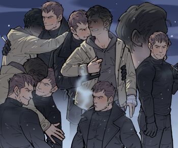 Rule 34 | 2boys, arm up, black gloves, black hoodie, black jacket, black pants, black shirt, blonde hair, blush, brown hair, chris redfield, cigarette, closed mouth, couple, drawstring, ethan winters, facial hair, gloves, hand on another's back, highres, holding, holding cigarette, hood, hood down, hoodie, hug, hug from behind, jacket, kalamari, lapels, long sleeves, looking to the side, male focus, multiple boys, multiple views, one eye closed, pants, resident evil, resident evil village, shaded face, shirt, short hair, smile, smoke, smoke trail, smoking, snow, teeth, turtleneck, yaoi, yellow hoodie