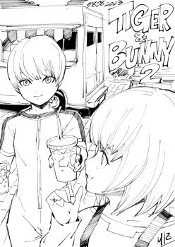 androgynous closed_mouth commentary_request copyright_name cup dated disposable_cup drink drinking_straw eyelashes greyscale holding holding_cup holding_drink huang_pao-lin ice ice_cube jumpsuit lara_tchaikoskaya long_sleeves monochrome motor_vehicle open_mouth reverse_trap sakakibara_mizuki short_hair signature smile tiger_&amp;_bunny tomboy very_short_hair