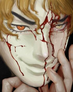 Rule 34 | 1boy, bleeding, blonde hair, blood, blood on face, close-up, cracked kawaii mask, cracked mask, crying, crying with eyes open, dio brando, hand on own face, hashtag-only commentary, injury, jojo no kimyou na bouken, looking at viewer, male focus, orange eyes, phantom blood, poorpoor1988117, portrait, smile, solo, tears, yellow eyes