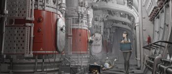 &gt;_&lt; 3d_background 3girls black_hair black_pants blue_collar box cable chise_huixing_denixi collar door fire_extinguisher hatch highres holding holding_box indoors industrial_pipe lamp long_hair multiple_girls neckerchief open_door original pants potato railing red_neckerchief rivets scenery school_uniform science_fiction shirt short_hair short_sleeves sign stairs tripping warning_sign wheel white_shirt