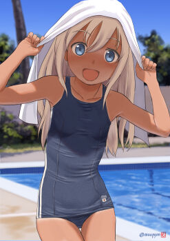 1girl :d blonde_hair blue_eyes blue_one-piece_swimsuit blue_sky breasts collarbone commentary_request cowboy_shot day hands_up highres kantai_collection long_hair looking_at_viewer mu-pyon one-piece_swimsuit open_mouth outdoors paid_reward_available photo_background pool poolside ro-500_(kancolle) school_swimsuit sky small_breasts smile solo swimsuit tan towel towel_on_head