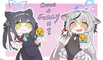 2girls 67_(meme) :3 anger_vein animal_ears ayo5108 black_dress black_hair blue_archive blue_halo china_dress chinese_clothes closed_mouth commentary crying_emoji cunny_(meme) dress emoji english_commentary english_text green_eyes grey_hair halo highres kokona_(blue_archive) long_hair meme multicolored_hair multiple_girls open_mouth shun_(blue_archive) shun_(small)_(blue_archive) smile streaked_hair tiger_ears uohhhhhhhhh!_(meme)