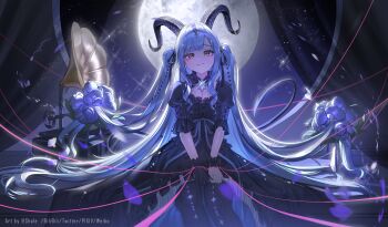 1girl absurdres alternate_hair_length alternate_hairstyle arknights backlighting bang_dream! bang_dream!_it&#039;s_mygo!!!!! black_dress black_gloves black_horns black_pantyhose black_ribbon blue_hair blue_ribbon chinese_commentary closed_mouth commentary_request curled_horns curtains dress feet_out_of_frame full_moon gloves hair_ribbon highres horns long_hair looking_at_viewer moon night night_sky pantyhose phonograph puppet_strings ribbon shale sidelocks sitting sky smile solo star_(sky) starry_sky togawa_sakiko togawa_sakiko_(master_of_melodia) very_long_hair wrist_cuffs yellow_eyes