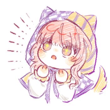 +_+ 1girl animal_ears argyle_cloak argyle_clothes blunt_bangs blush_stickers bow bowtie brown-eared_bulbul chibi chinese_commentary cloak commentary_request cropped_torso dog_ears dog_girl dog_tail ear_covers eyelashes frilled_sleeves frills hood hood_up hooded_cloak infinity_nikki kemonomimi_mode long_sleeves looking_up nikki_(nikki) nikki_(series) notice_lines open_mouth pink_hair puffy_long_sleeves puffy_sleeves purple_bow purple_bowtie purple_cloak shiguangbulao277 shirt short_hair sidelocks simple_background solo sparkling_eyes striped_cloak striped_clothes tail two-tone_cloak wavy_hair white_background white_shirt yellow_cloak