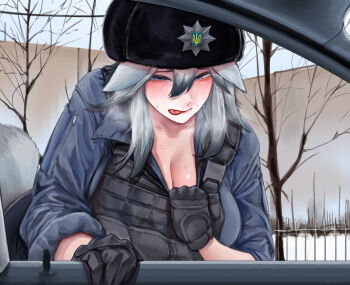 1girl absurdres aroused bags_under_eyes bare_tree black_gloves black_hat blue_eyes blue_shirt breasts bulletproof_vest car_interior cleavage clothes_pull collared_shirt furrowed_brow gloves grey_hair hair_between_eyes hat highres large_breasts leaning_forward long_sleeves m4skedboi medium_hair original police shirt shirt_pull sleeves_rolled_up solo sweatdrop tree ukraine ushanka