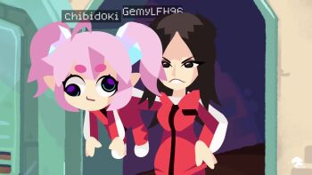 2girls angry animated audible_speech blood blue_eyes brown_eyes brown_hair character_name chibidoki_(vtuber) closed_mouth confused english_audio female_focus from_behind geoexe indie_virtual_youtuber jacket laughing long_hair looking_at_another looking_back lying medium_hair minecraft_youtube multiple_girls multiple_views on_back open_mouth pants pink_hair pointing pointing_at_another pointy_ears red_jacket red_pants shortstack sitting size_difference smug sound spanish_audio standing strangling tagme teeth thick_eyebrows twintails video violence virtual_youtuber