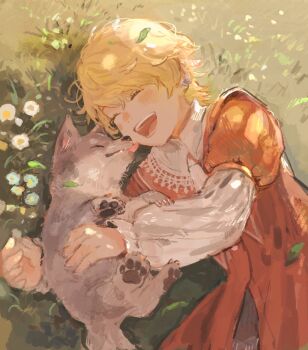 1boy blonde_hair blush child closed_eyes coat earrings final_fantasy final_fantasy_xvi grass hair_between_eyes j2_path jewelry joshua_rosfield laughing male_focus open_mouth outdoors red_coat shirt short_hair smile tongue tongue_out torgal_(ff16) upper_body white_shirt wolf