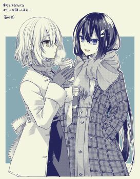 2girls aran_sweater black_hair blue_eyes breath brown_eyes brown_hair cable_knit closed_mouth coat coffee commentary_request cup disposable_coffee_cup disposable_cup enpera fur-trimmed_sleeves fur_trim gloves hair_ornament hairclip hand_in_pocket highres holding holding_cup long_hair momoiro multiple_girls open_clothes open_coat open_mouth oumi_shiori plaid_clothes plaid_coat ribbed_sweater scarf short_hair skirt smile snow sweater turtleneck turtleneck_sweater watashi_wo_tabetai_hitodenashi winter_clothes yaotose_hinako