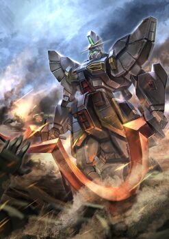 absurdres commentary dual_wielding dust_cloud english_commentary fire glowing glowing_eyes green_eyes gundam gundam_sandrock gundam_wing highres holding holding_sword holding_weapon leo_(mobile_suit) mecha mecha_focus mobile_suit no_humans outdoors porukima robot science_fiction shotel smoke standing sword thrusters v-fin weapon