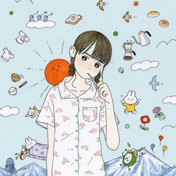 1girl alarm_clock awai_(awaiwaiwai) balloon beamed_eighth_notes bird blue_sky blunt_bangs bowl braid bread bread_slice brown_hair brushing_teeth cat clock cloud coffee_maker coffee_pot collared_shirt cup day egg_(food) eighth_note floral_print flower food fried_egg fried_egg_on_toast gorilla loaf_of_bread musical_note original pink_flower print_shirt purple_flower quarter_note red_flower red_sun rice_bowl shirt short_sleeves signature sky solo toast toothbrush twin_braids