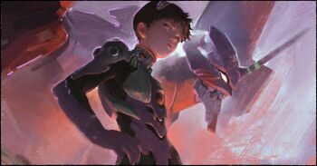 1boy bodysuit brown_hair closed_mouth cowboy_shot crying eva_01 faux_traditional_media from_below from_side hand_on_own_hip hashtag-only_commentary highres ikari_shinji interface_headset_(evangelion) looking_at_viewer looking_to_the_side mecha mecha_pilot_suit neon_genesis_evangelion painterly plugsuit_(evangelion) purple_bodysuit robot short_hair size_difference standing whitehogiii