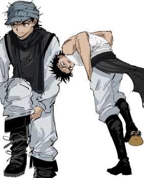 1boy beard_stubble boots ging_freecss hat highres hunter_x_hunter long_sleeves male_focus multiple_views shc0987 shirt sleeveless sleeveless_shirt solo stubble turban white_background