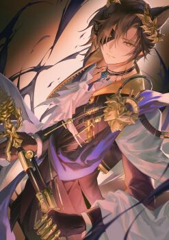 1boy absurdres animal_ears arknights black_coat black_hair cane cape cat_boy cat_ears closed_mouth coat commentary_request dutch_angle eye_mask eyes_visible_through_hair formal_clothes gold_trim hair_between_eyes hair_over_one_eye half_eye_mask highres holding holding_cane infection_monitor_(arknights) laurel_crown long_sleeves looking_at_viewer male_focus mask material_growth myluche oripathy_lesion_(arknights) phantom_(arknights) short_hair sleeves_past_wrists solo standing tragodia_(arknights) white_cape yellow_eyes