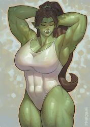 Rule 34 | 1girl, adjusting hair, armpits, arms up, artist name, breasts, brown hair, cleavage, closed eyes, collarbone, colored skin, covered abs, female orc, fraeya (m4rjinn), freckles, green skin, hands in hair, highres, huge breasts, leotard, long hair, m4rjinn, mole, mole on breast, muscular, muscular female, orc, original, pointy ears, ponytail, scar, scar on face, scar on forehead, scar on nose, solo, tusks, very long hair, white leotard