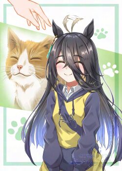 Rule 34 | 1boy, 1girl, absurdres, ahoge, animal ears, black hair, black hoodie, blush, cat, closed eyes, closed mouth, collared shirt, commentary request, ear tag, earrings, gentiano815, hair between eyes, hair wagging, happy, highres, hood, hoodie, horse ears, horse girl, jewelry, long bangs, long hair, long hair between eyes, long sleeves, manhattan cafe (umamusume), multicolored hair, shirt, smile, umamusume, upper body, very long hair, white hair, white shirt, yellow eyes, yellow hoodie