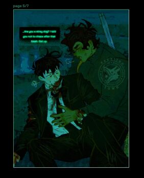 Rule 34 | 2boys, black coat, black hair, black necktie, breath, coat, collared shirt, commentary, crossover, feet out of frame, furrowed brow, hand on another's wrist, highres, jitome, kim dokja, knees up, male focus, multiple boys, narrowed eyes, necktie, no i'm not a human, omniscient reader's viewpoint, parody, shirt, short hair, sitting, turtleneck, vacation town, white shirt, yoo joonghyuk