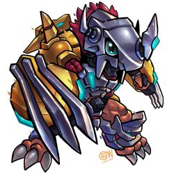Rule 34 | armor, artist logo, chibi, claw (weapon), colored skin, crotch plate, cwdw, digimon, digimon (creature), dragon, full body, green eyes, helmet, highres, horns, looking at viewer, mechanical wings, orange skin, red hair, shoulder armor, simple background, solo, spiked hair, spikes, wargreymon, wargreymon x-antibody, weapon, white background, wings, yellow skin