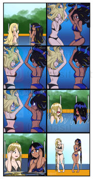 2girls absurdres adjusting_hair armpits arms_up artist_name asphyxiation ass asymmetrical_bangs back barefoot bikini black_bikini black_hair blonde_hair blue_bikini blue_eyes breasts breathing_(animated) cleavage clenched_hand clenched_hands closed_eyes collarbone comic cynthia_(pokemon) dark-skinned_female dark_skin dimples_of_venus embarrassed eyebrows eyelashes feet female_focus floating_hair floonasif from_behind full_body geeta_(pokemon) gradient_hair grey_eyes hair_ornament hair_over_eyes hair_over_one_eye halterneck hands_up happy highres holding_breath legs legs_together long_hair looking_at_another medium_breasts midriff multicolored_hair multiple_girls multiple_views nature navel neck nintendo open_mouth outdoors parted_bangs pigeon-toed pokemon pokemon_dppt pokemon_sv pool pool_ladder poolside profile sideboob sidelocks sky smile streaked_hair summer swimsuit thighs tiptoes toes turning_head underwater unworn_hair_ornament very_long_hair water water_drop wavy_hair wet wet_hair wide-eyed