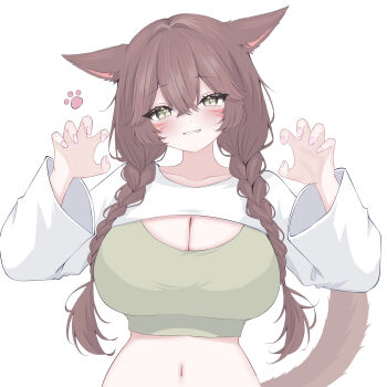 Rule 34 | 1girl, animal ears, blush, braid, braided twintails, breasts, brown hair, claw pose, cleavage, commentary request, double-parted bangs, facial mark, final fantasy, final fantasy xiv, fingernails, green eyes, green sports bra, grin, hands up, highres, huge breasts, long sleeves, midriff, miqo'te, navel, original, sena miqo, shrug (clothing), simple background, smile, solo, sports bra, tail, twin braids, upper body, whisker markings, white background, white shrug