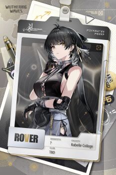 1girl antenna_hair bandaged_arm bandages bare_shoulders black_dress black_gloves black_hair character_name closed_mouth colored_inner_hair commentary cross-laced_clothes cross-laced_dress dress earrings elbow_pads english_commentary english_text female_rover_(wuthering_waves) gloves hair_ornament hairclip hand_up id_card jewelry logo long_hair low_ponytail multicolored_hair official_art parallel_hairclips ponytail rover_(wuthering_waves) solo triangle_earrings wuthering_waves yellow_eyes