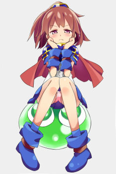 1girl arle_nadja armor armored_dress blob brown_hair capelet dress female_focus frown full_body head_rest high_ponytail madou_monogatari panties pantyshot ponytail purple_eyes puyo_(puyopuyo) puyopuyo puyopuyo_n shoes short_hair sitting skirt solo unacchi_(nyusankin) underwear upskirt white_background wrist_cuffs