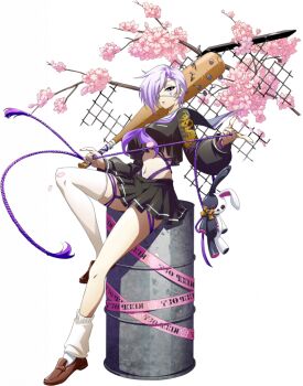 1girl alpha_(langrisser) asymmetrical_legwear banchou bandaged_weapon barrel baseball_bat bdsm black_serafuku black_skirt bondage bound branch brown_shoes chain-link_fence cherry_blossoms club_(weapon) crop_top cropped_jacket cropped_shirt crotch_rope crystal crystallization delinquent doll dragon_print eyepatch falling_petals fence floating_clothes full_body game_cg hair_over_one_eye holding holding_baseball_bat holding_rope holding_weapon langrisser langrisser_mobile leg_up legs loafers long_sleeves looking_at_viewer midriff miniskirt nail_(hardware) nail_bat navel neckerchief official_alternate_costume official_art open_mouth over_shoulder parted_hair parted_lips petals pleated_skirt pointing puffy_sleeves purple_eyes purple_hair purple_neckerchief purple_rope rope sailor_collar school_uniform serafuku serious shoes short_hair simple_background single_thighhigh sitting sitting_on_object skirt socks solo spiked_bat standing standing_on_one_leg stuffed_animal stuffed_rabbit stuffed_toy tachi-e tassel thighhighs third-party_source transparent_background weapon weapon_over_shoulder white_sailor_collar white_socks white_thighhighs