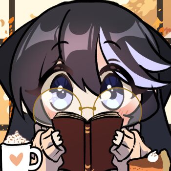 1girl bespectacled black_hair blue_eyes blue_streaks blush book cake cake_slice chibi chibi_only coffee_mug commentary cup double-parted_bangs english_commentary food glasses hair_between_eyes heart holding holding_book long_hair long_sleeves looking_at_viewer mug multicolored_hair open_book original round_eyewear ryuuxin sadie_(ryuuxin) solo straight-on streaked_hair upper_body