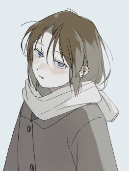 Rule 34 | 1girl, blue background, blush, breath, coat, half-closed eyes, highres, kashiwatoriniku, original, parted lips, scarf, simple background, solo, striped background, upper body