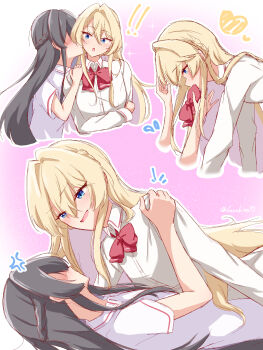 Rule 34 | !, !!, 2girls, absurdres, anger vein, ashigaya high school uniform, black hair, blonde hair, blue eyes, bow, bowtie, bowtie in mouth, braid, collared shirt, commentary request, half up braid, hand on another's shoulder, highres, karabina, kiss, kissing cheek, koto satsuki, long hair, long sleeves, multiple girls, ouzuka mai, purple background, red bow, red bowtie, school uniform, shirt, short sleeves, sidelocks, watashi ga koibito ni nareru wake naijan murimuri!, white shirt, yuri