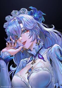 1girl black_background blue_eyes breasts cantarella_(wuthering_waves) corrupted_twitter_file dress earrings facial_mark flower hair_flower hair_ornament hand_up headdress highres izzycrownart jewelry large_breasts long_hair looking_at_viewer mark_under_eye purple_hair purple_nails shrug_(clothing) solo tongue tongue_out twitter_username upper_body white_dress white_shrug wuthering_waves