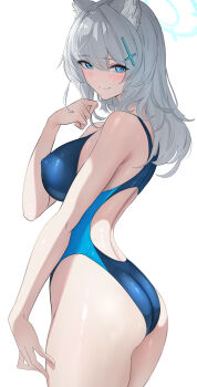1girl absurdres aged_up alternate_breast_size_(larger) alternate_hair_length alternate_hairstyle animal_ears ass back blue_archive blue_eyes blue_halo blue_one-piece_swimsuit blush breasts bright_pupils closed_mouth commentary competition_swimsuit covered_erect_nipples cowboy_shot cross_hair_ornament curvy from_side grey_hair hair_between_eyes hair_ornament halo hand_up highleg highleg_one-piece_swimsuit highres large_breasts long_hair mismatched_pupils official_alternate_costume one-piece_swimsuit racerback revision shiny_skin shiroko_(blue_archive) shiroko_(swimsuit)_(blue_archive) sidelighting slit_pupils smile solo swimsuit tsurime user_xkka4243 white_background white_pupils wolf_ears wolf_girl