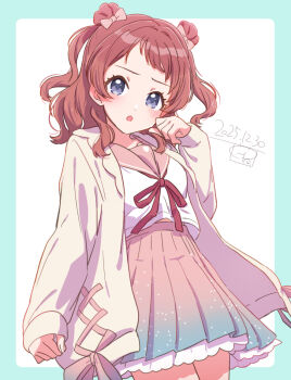 1girl blue_eyes bow frilled_skirt frills gakuen_idolmaster gradient_clothes gradient_skirt hair_bow hanami_saki hand_up idolmaster jacket medium_hair open_mouth pink_serafuku pleated_skirt red_hair red_ribbon ribbon school_uniform serafuku signature skirt two_side_up ueda_hanako wavy_hair