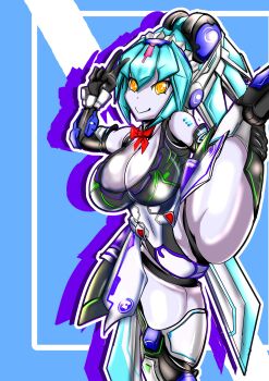 1girl :&gt; absurdres android aqua_hair armor arnetes artist_request ass blue_background breastplate breasts colored_skin covered_navel curvy detached_collar full_body high_ponytail highleg highleg_leotard highres impossible_clothes joints large_breasts leg_lift leotard long_hair looking_at_viewer mecha_musume mechanical_arms mechanical_hair narrow_waist no_humans ponytail robot_girl robot_joints shiny_skin smile solo standing standing_on_one_leg taimanin_(series) taimanin_rpgx thong_leotard v white_skin wide_hips yellow_eyes