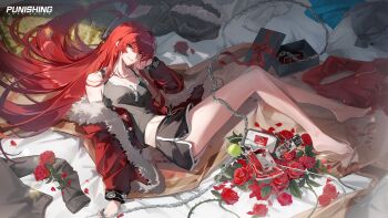 Rule 34 | 1girl, absurdres, ball, barefoot, belt, black shorts, black tank top, blood, blood bag, box, breasts, bright pupils, chain, chain leash, collarbone, commentary, copyright name, dolphin shorts, english commentary, feet, flower, full body, fur-trimmed jacket, fur trim, gift, gift box, grey jacket, hair intakes, hand on own face, highres, holding, holding leash, intravenous drip, jacket, leaf, leash, long hair, long sleeves, lying, midriff peek, official art, on side, parted lips, plant, punishing: gray raven, red belt, red eyes, red flower, red hair, red jacket, red petals, red ribbon, red rose, ribbon, rose, shirt, shorts, single bare shoulder, single off shoulder, sleeves past wrists, small breasts, smile, solo, tank top, tennis ball, thighs, ticket, twisted torso, unworn jacket, vera (pgr), very long hair, vines, white pupils, white shirt