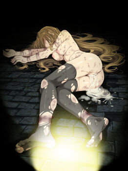 1girl after_rape after_vaginal aftersex ass black_thighhighs breasts brown_hair bruise bruise_on_arm bruise_on_chest bruise_on_leg commentary_request cum cum_in_pussy cum_pool cumdrip dirty hetero highres injury large_breasts long_hair lying messy_hair navel nintendo nipples nude on_side pokemon pokemon_xy pussy scratches serena_(pokemon) solo sweat thighhighs toes torn_clothes torn_thighhighs tsukishiro_saika unconscious