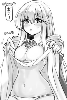 1girl bra breasts circlet clothes_lift dress fire_emblem fire_emblem:_genealogy_of_the_holy_war flashing greyscale julia_(fire_emblem) lifting_own_clothes long_hair medium_breasts monochrome nintendo panties simple_background solo stomach underwear very_long_hair wide_hips yukia_(firstaid0)