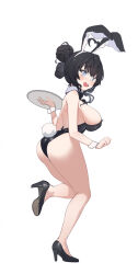 Rule 34 | 1girl, animal ears, aningay, ass, bare shoulders, black footwear, black hair, black leotard, blue eyes, blush, breasts, double bun, from side, full body, hair between eyes, hair bun, high heels, highres, holding, holding tray, large breasts, leotard, looking at viewer, looking to the side, original, playboy bunny, rabbit ears, rabbit girl, rabbit tail, shoe soles, shoes, simple background, solo, standing, standing on one leg, strapless, strapless leotard, tail, tray, white background, wrist cuffs