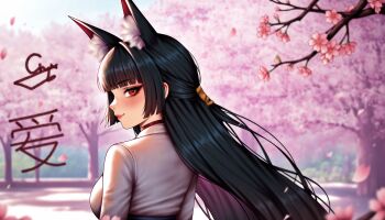 1girl animal_ear_fluff animal_ears black_hair black_skirt breasts cn_author fox_ears fox_girl hoshimi_miyabi long_hair looking_at_viewer looking_back pink_background red_eyes shirt skirt smile solo tagme tree white_shirt zenless_zone_zero
