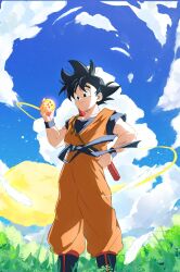 Rule 34 | 1boy, ankle boots, aonano db, backlighting, black eyes, black footwear, black hair, blue sash, blue sky, blue wristband, blurry, blurry foreground, boots, clenched hand, closed mouth, clothes lift, cloud, cloudy sky, cumulonimbus cloud, day, dougi, dragon ball, dragon ball (classic), dragon ball (object), dragonball z, facing viewer, feathers, feet out of frame, fingernails, flying nimbus, forest, glowing, grass, hand on own hip, happy, highres, holding, holding dragon ball, leaf, light particles, looking at object, looking down, male focus, messy hair, muscular, muscular male, nature, obi, orange pants, outdoors, pants, pectorals, rope, ruyi jingu bang, sash, sheath, sheathed, short sleeves, sky, smile, son goku, spiked hair, standing, sunlight, tareme, tree, undershirt, weapon, white feathers, wind, wind lift, wristband