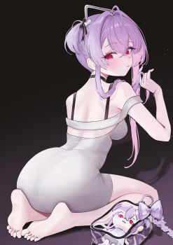 1girl absurdres ahoge alternate_costume arched_back ass bag bare_arms bare_shoulders barefoot black_background black_bow black_choker blush bow breasts character_doll character_name choker closed_mouth commentary crossed_bangs doll dress from_behind full_body goddess_of_victory:_nikke gradient_background grey_dress hair_between_eyes hair_bow hair_intakes hand_up highres holding holding_own_hair leaning_forward liberalio_(nikke) light_particles looking_at_viewer looking_back medium_breasts one_side_up purple_background purple_bow red_eyes ringed_eyes seiza shadow short_hair_with_long_locks sidelocks sitting sleeveless sleeveless_dress soles solo sxrxri_a transparent_bag two-tone_background