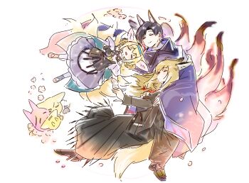 1boy 2girls animal_ears arknights black_dress black_hair blonde_hair blue_dress blue_hairband blue_halo braid braided_hair_rings chinese_commentary closed_eyes closed_mouth commentary_request dress extra_ears family fox_ears fox_girl fox_tail hair_rings hairband halo highres hou_tou_mao_gu kitsune kyuubi long_hair multicolored_hair multiple_girls multiple_tails open_mouth pink_hair short_hair sleeping streaked_hair suzuran's_father_(arknights) suzuran_(arknights) tail twin_braids vulpisfoglia_(arknights)