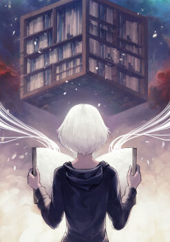 Rule 34 | 1girl, black hoodie, book, bookshelf, character request, cloud background, commentary, cover, cover page, english commentary, fingernails, from behind, hakoniwa toshokan, highres, holding, holding book, hood, hood down, hoodie, indoors, library, light particles, long sleeves, magic, official art, open book, pale skin, patipat asavasena, short hair, solo, upper body, white hair, white nails