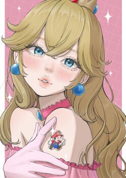 1girl artist_name blonde_hair blue_eyes blue_gem blush checkered_background choker commentary_request crossed_bangs crown double-parted_bangs dress earrings frilled_choker frills gem gloves hand_on_own_arm highres jewelry long_hair looking_at_viewer mario mario_(series) nintendo off-shoulder_dress off_shoulder parted_lips pillarboxed pink_background pink_choker pink_dress pink_gloves princess_peach simple_background solo sparkle sphere_earrings sticker sticker_on_arm teeth upper_body zakikoillust