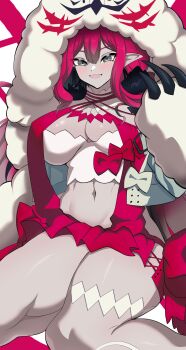 1girl baobhan_sith_(fate) baobhan_sith_(swimsuit_pretender)_(first_ascension)_(fate) breasts character_hood detached_collar earrings fang fate/grand_order fate_(series) fur-trimmed_jacket fur_trim hands_up headwear_with_attached_mittens highres jacket jewelry large_breasts long_hair looking_at_viewer microskirt navel open_mouth pink_hair pink_skirt pointy_ears puti_tomato19 revision sidelocks skin_fang skirt smile solo thighs white_jacket