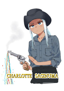 1girl :/ black_hat black_pants blue_eyes character_name commentary_request confetti cropped_torso grey_shirt gun handgun hat holding holding_gun holding_weapon pants revolver saginuma_mia_charlotte shiden_(sashimi_no_wife) shirt smoke solo upper_body weapon wet_girls white_hair