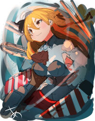 Rule 34 | 1girl, adapted turret, bare shoulders, blonde hair, blush, braid, breasts, brown eyes, cannon, corset, french braid, hair between eyes, hat, highres, kantai collection, large breasts, long hair, long sleeves, machinery, mini hat, rigging, shirt, smokestack, solo, sunday aki, turret, wavy hair, white shirt, zara (kancolle), zara due (kancolle)
