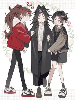 Rule 34 | 3boys, aged down, alternate costume, black coat, black hair, black pants, black shorts, black socks, brown hair, closed eyes, coat, full body, hanafuda, hood, hooded jacket, jacket, kibutsuji muzan, kimetsu no yaiba, long hair, male focus, multiple boys, open mouth, pants, profile, red eyes, red jacket, sal gun, shorts, socks, spiked hair, standing, sweater, trap, tsugikuni michikatsu, tsugikuni yoriichi, very long hair, white sweater