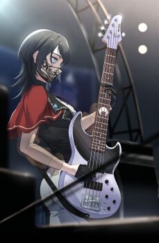1girl 5-string_bass_guitar ass bang_dream! bang_dream!_it&#039;s_mygo!!!!! bass_guitar black_gloves black_hair black_mask black_pantyhose black_vest blue_eyes commentary english_commentary extended_range_bass_guitar gloves highres instrument mask medium_hair miyamu mouth_mask panties pants pantyhose see-through_clothes see-through_sleeves solo stage timoris_(bang_dream!) two-tone_pants underwear variant_set vest white_panties yahata_umiri